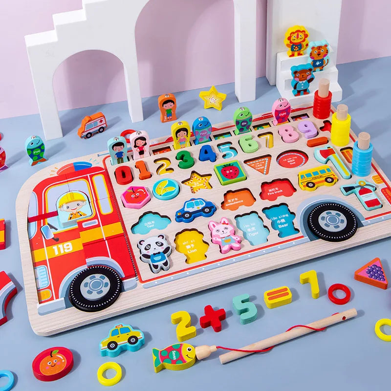 Montessori Educational Wooden Toys Preschool Children Fire Truck Busy Board Math Fishing Games Early Toys for Kids Xmas Gifts
