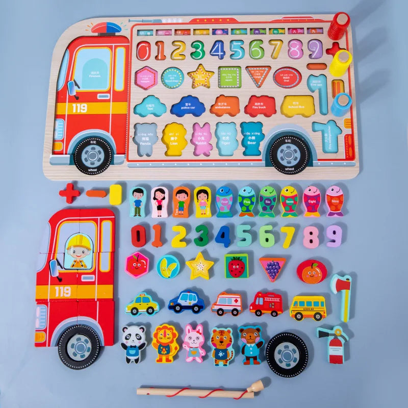 Montessori Educational Wooden Toys Preschool Children Fire Truck Busy Board Math Fishing Games Early Toys for Kids Xmas Gifts
