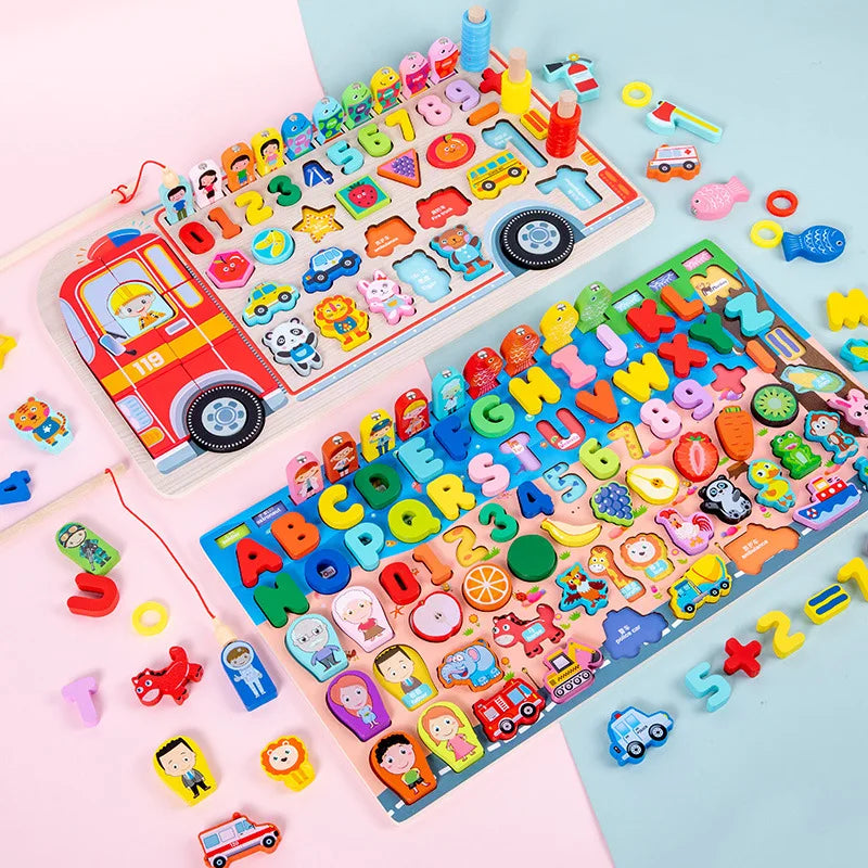 Montessori Educational Wooden Toys Preschool Children Fire Truck Busy Board Math Fishing Games Early Toys for Kids Xmas Gifts