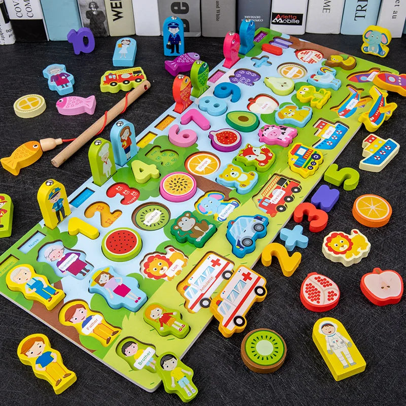 Montessori Educational Wooden Toys Preschool Children Fire Truck Busy Board Math Fishing Games Early Toys for Kids Xmas Gifts