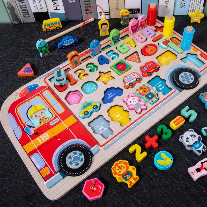 Montessori Educational Wooden Toys Preschool Children Fire Truck Busy Board Math Fishing Games Early Toys for Kids Xmas Gifts