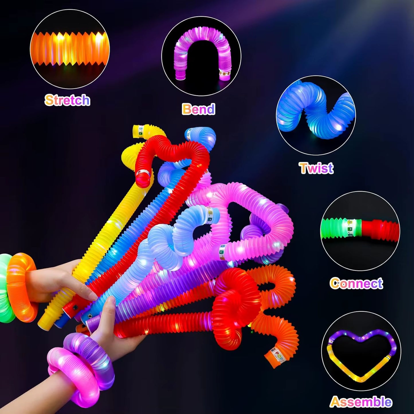 2/6/12 Pcs LED Flash Pop Tubes Sensory Toy Adult Stress Relieve Toys Kid Autism anti Stress Plastic Bellows Children Squeeze Toy