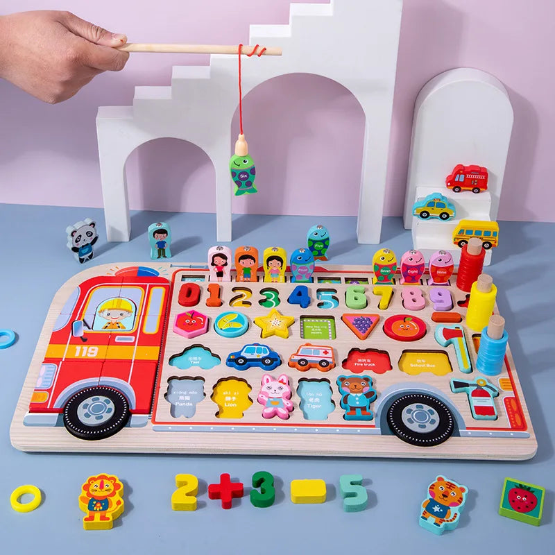 Montessori Educational Wooden Toys Preschool Children Fire Truck Busy Board Math Fishing Games Early Toys for Kids Xmas Gifts