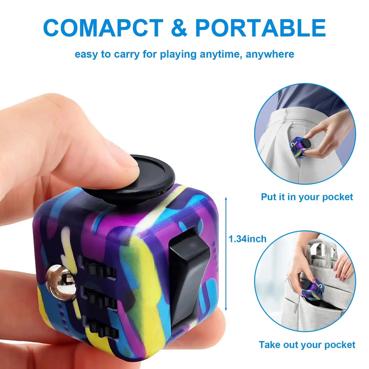 6-In-1 Fidget Cube Antistress Toy 3.4Cm 40G - Hand Spinner Decompression Tool for ADHD Autism Anxiety Stress Relief Kids Adults