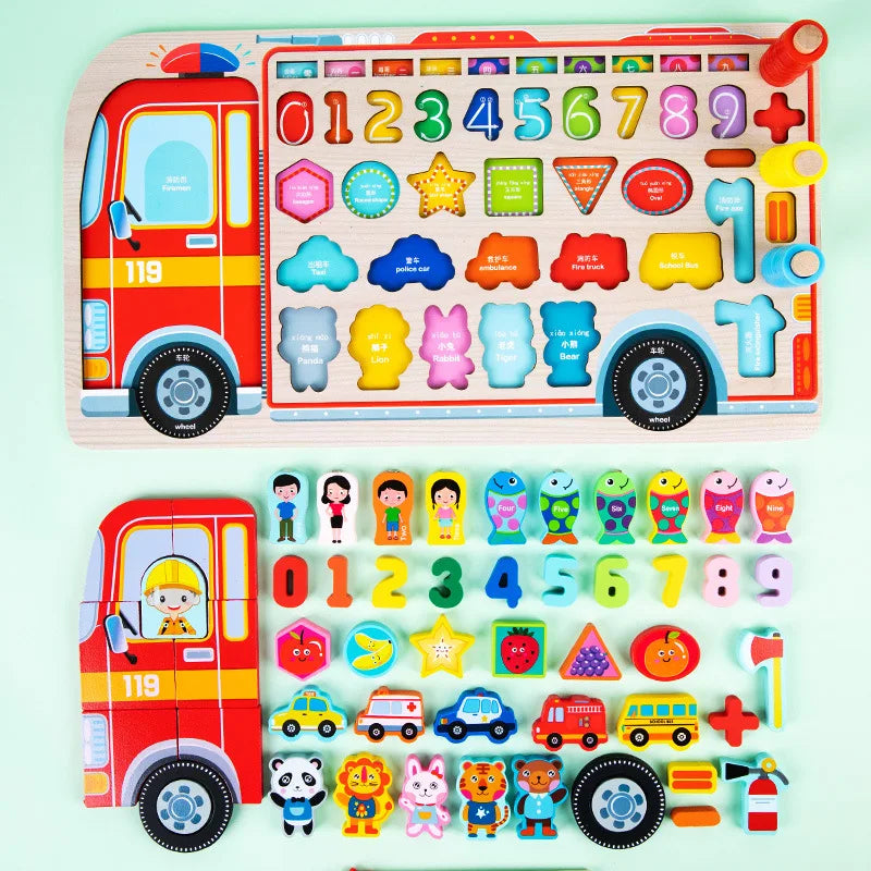 Montessori Educational Wooden Toys Preschool Children Fire Truck Busy Board Math Fishing Games Early Toys for Kids Xmas Gifts