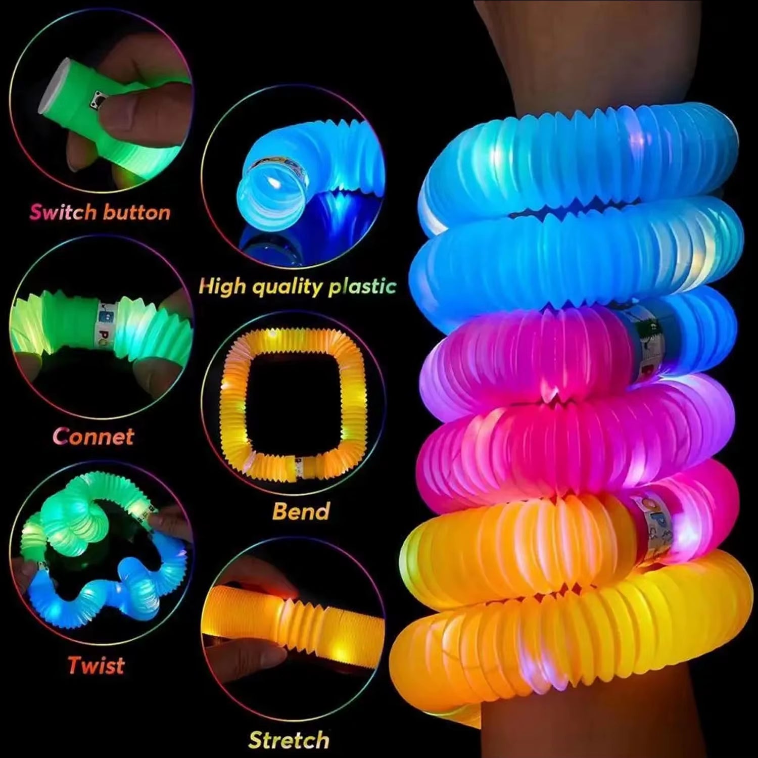2/6/12 Pcs LED Flash Pop Tubes Sensory Toy Adult Stress Relieve Toys Kid Autism anti Stress Plastic Bellows Children Squeeze Toy