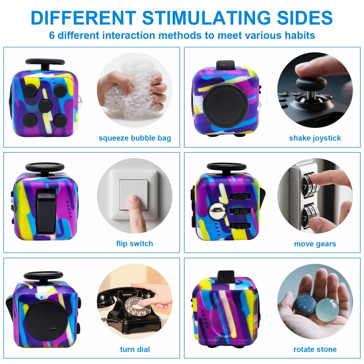 6-In-1 Fidget Cube Antistress Toy 3.4Cm 40G - Hand Spinner Decompression Tool for ADHD Autism Anxiety Stress Relief Kids Adults